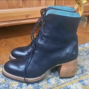 Women's Black Lace-Up Leather Boot with Yellow Pull Tab